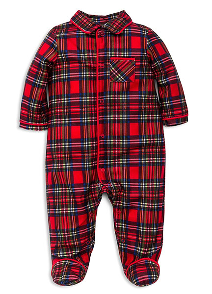 Christmas pajamas for babies: Plaid footed onesie at Bloomingdales