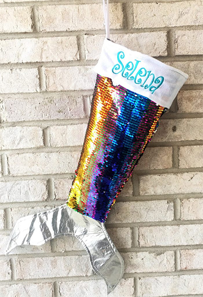 Coolest preschool gifts: personalized mermaid Christmas stocking from On the Beach Boutique