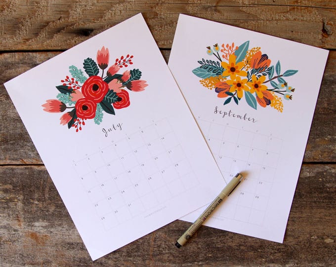 2018 printable calendars: Floral Calendar by A Piece of Rainbow