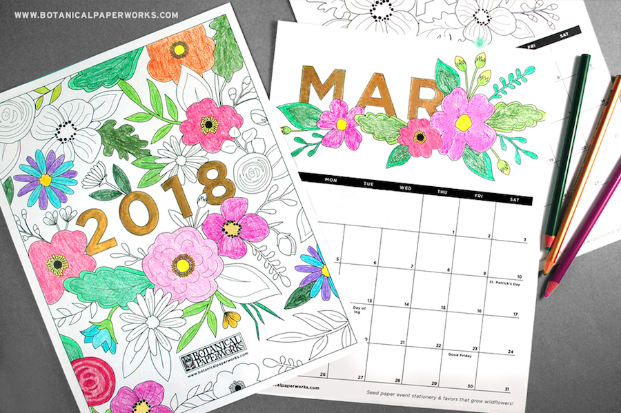 2018 printable calendars: Coloring Book Calendar by Botanical Paperworks