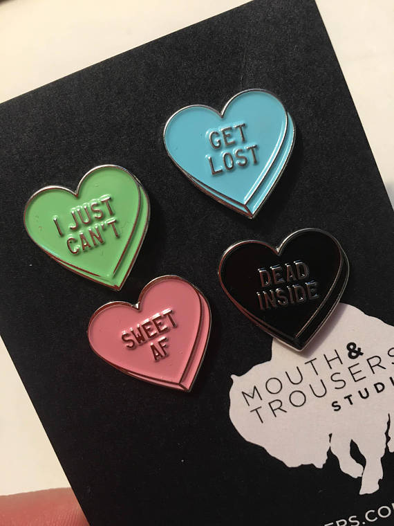 Edgy candy heart enamel pins: Funny Valentine's gift for a cynical teen