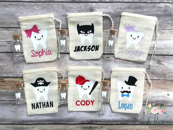 Adorable Tooth Fairy Traditions | Personalized Tooth Bag and Tiny Jar by KRoseDesignCo | Cool Mom Picks
