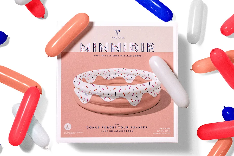 Vacasa Minnidip Inflatable Pool with modern designs like banana leaves and donuts