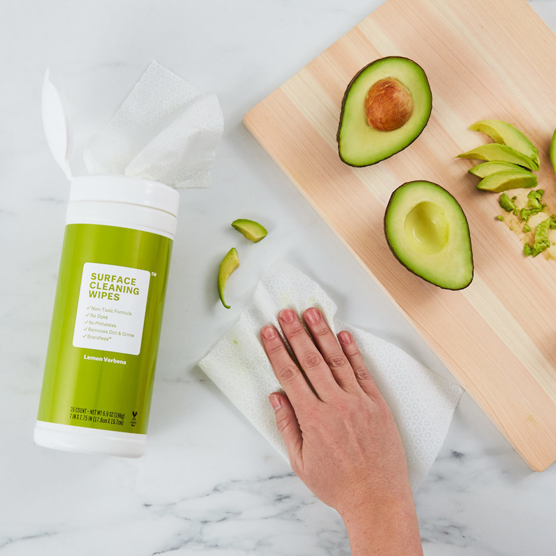 Non-toxic cleaning products from Brandless include surface cleaning wipes that smell like lemon verbena.
