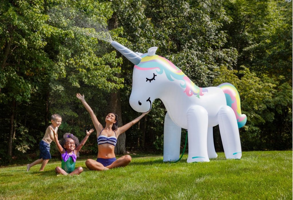 Screen-free activities for kids: Splash in a giant unicorn sprinkler