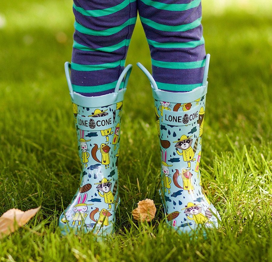 Spring rain boots for toddlers under $30: Rainy Raccoons by Lone Cone