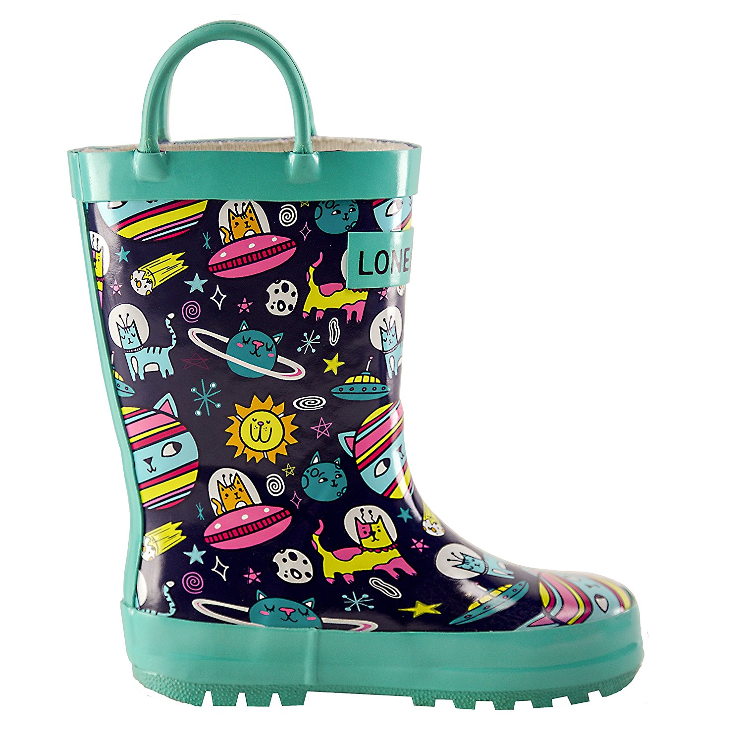 Spring rain boots for toddlers under $30: Intergallacti-cat by Lone Cone