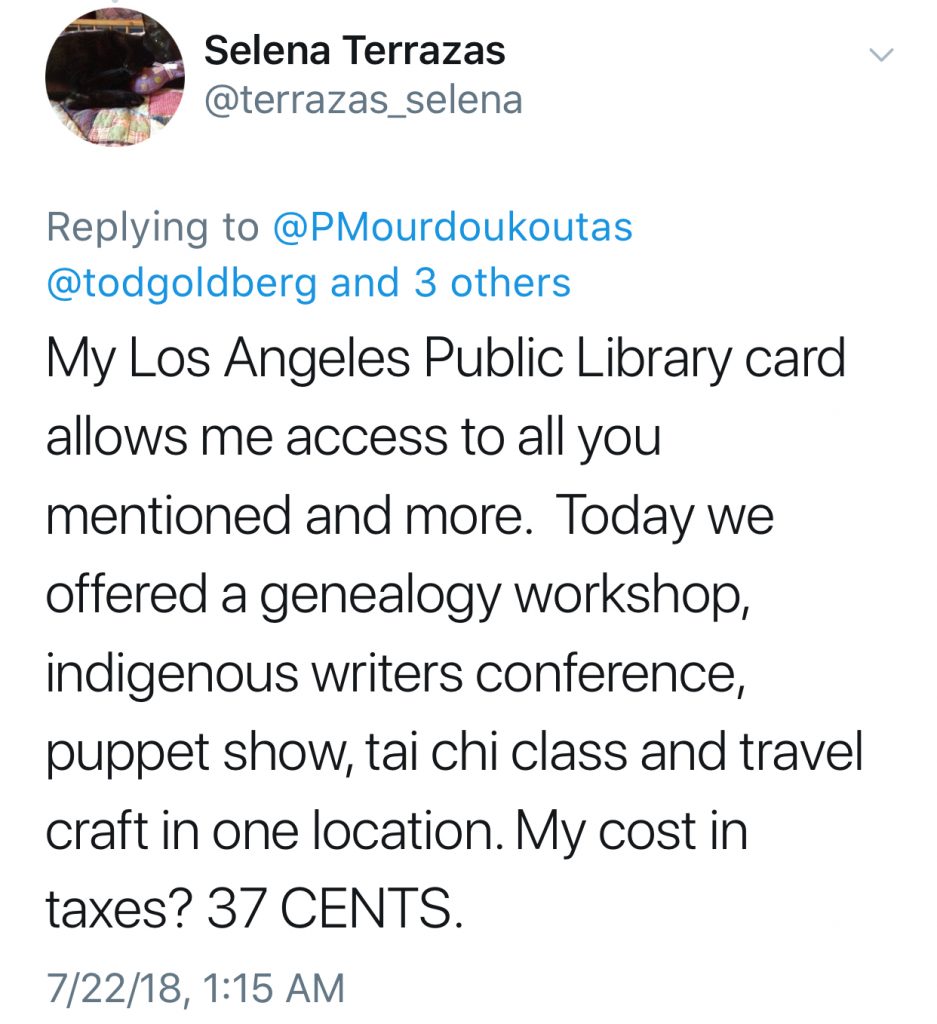 Why we should not replace public libraries with for-profit bookstores to "save taxpayers money" tweet by selena terraza | coolmompicks.com