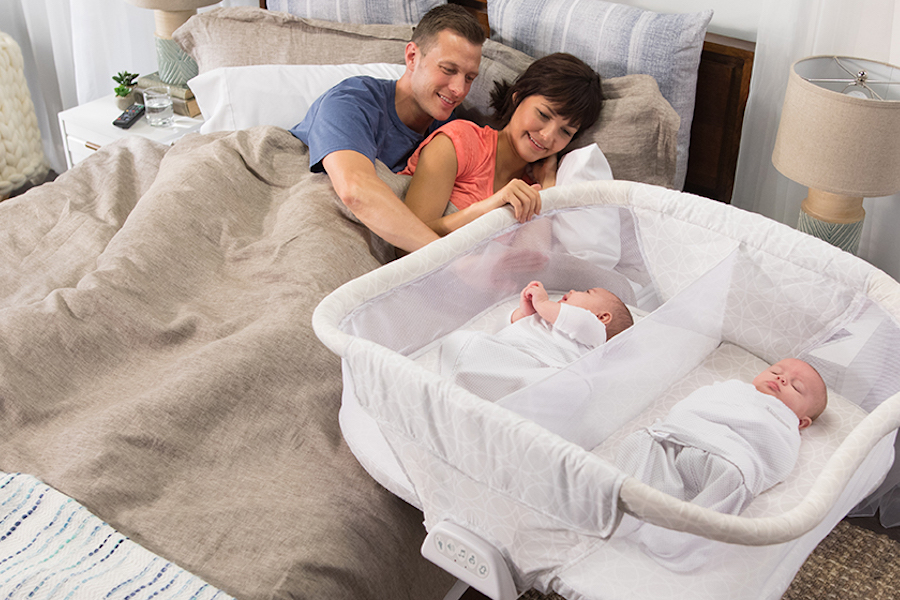 Best baby gear for twins: Halo Twin Sleeper lets babies sleep together while still having their own space.