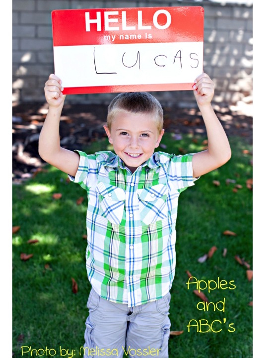 Creative first day of school photo ideas: Dry Erase Board Name Tag photos by Melissa Vossler for Apples and ABCs