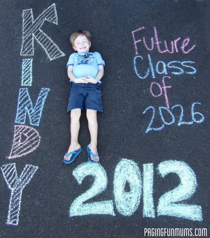 Creative first day of school photo ideas: Chalk on Cement Sign by Paging Fun Mums