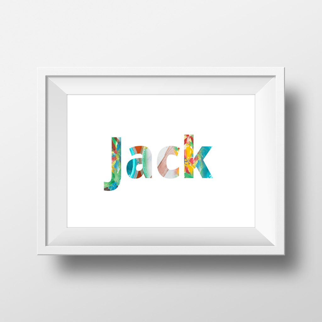 Creative ways to display kids' artwork: Incorporate abstracts into a name collage from Itsy Art