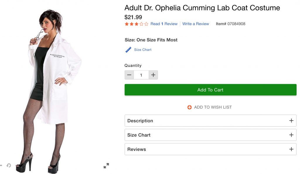 Dr. "Ophelia Cumming" doctor costume makes light of sexual predators