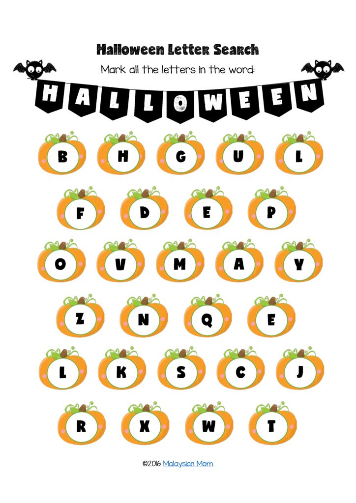 Free Halloween party printables: this Halloween letter search is fun and educational for little ones | via Malaysian Mom