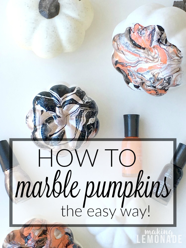 No-carve pumpkins using nail polish: How to marble pumpkins tutorial at Making Lemonade Blog