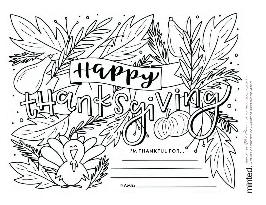 Free printable Thanksgiving coloring page for kid from artist Olivia Goree for Minted