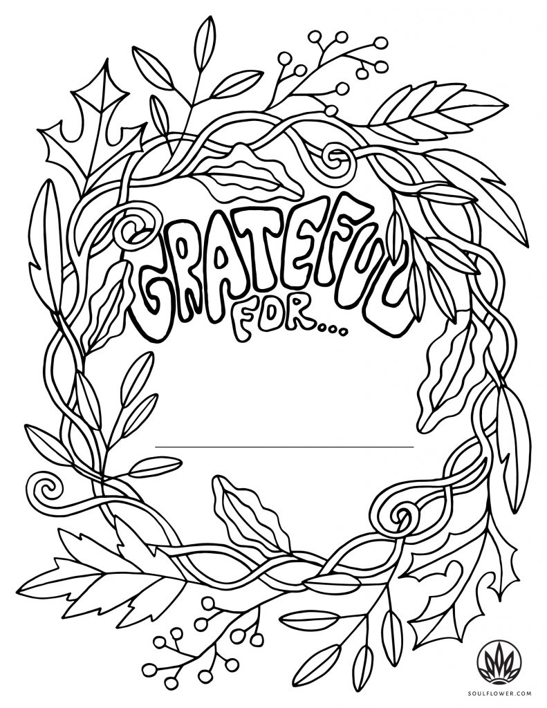 Free printable "grateful for" Thanksgiving coloring page at Soul Flower