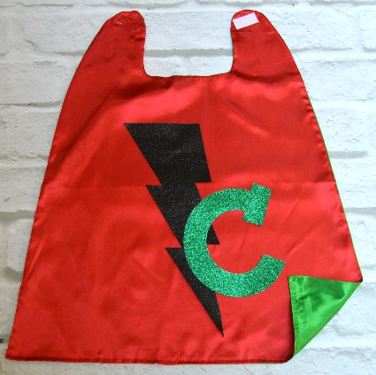 Cool kids' gifts under $15:  Personalized glitter bolt superhero cape from Sew Plain Jane