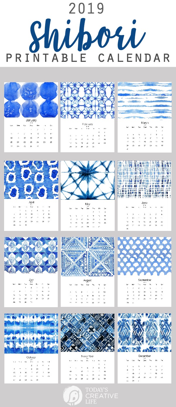 Free 2019 printable calendars: Shibori 2019 printable calendar | Today's Creative Life