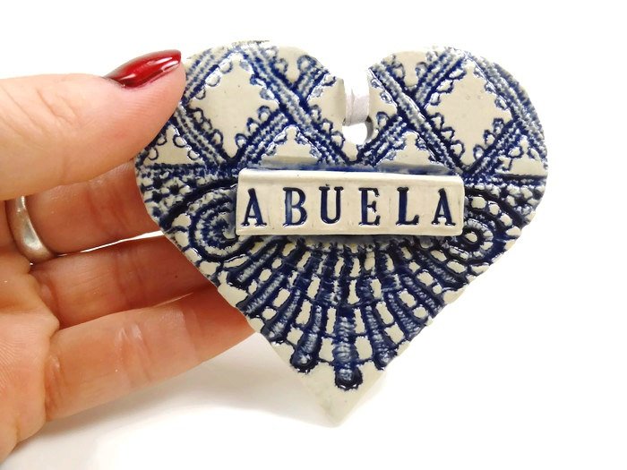 Custom abuela/grandma/nana/grandpa heart ornament from Blue Moon Pottery