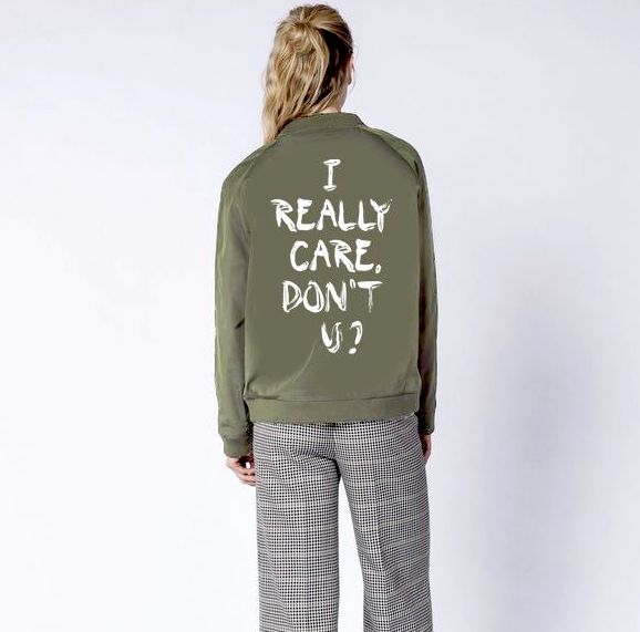 Gifts for feminists: I really care, don't u? Jacket supporting RAICES at Wildfang