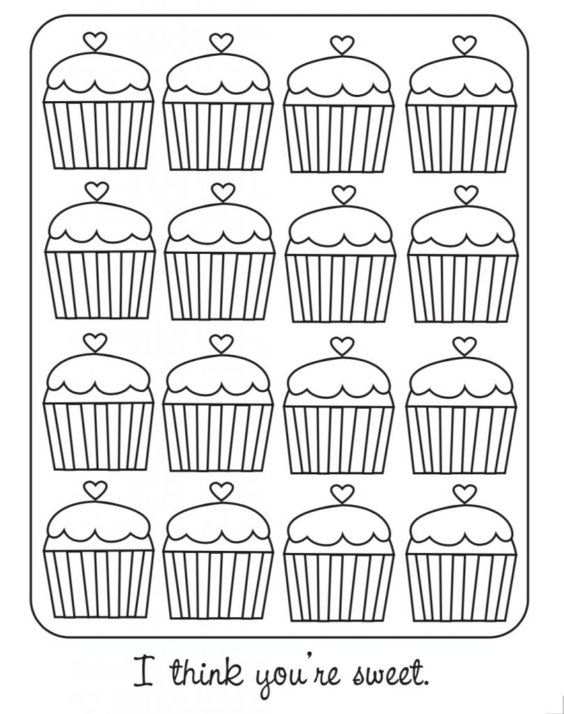 Free printable color-your-own Valentine for kids: Cupcake Valentine's card from Olliegraphic