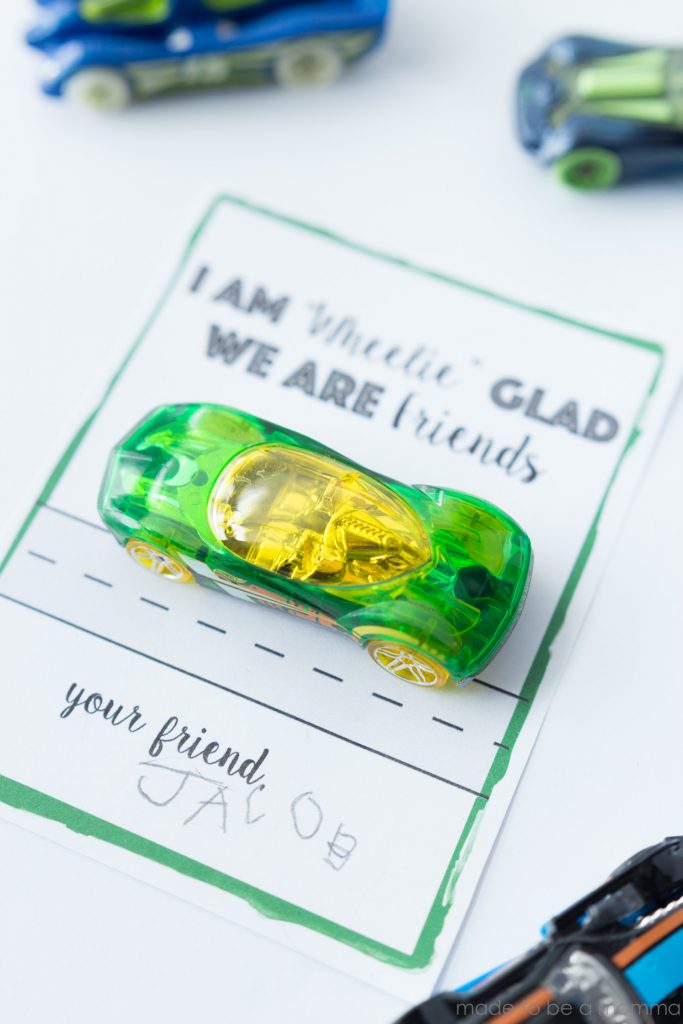 Non candy Valentine ideas for kids: This punny printable race car toy Valentine is free for download from Made to be a Momma