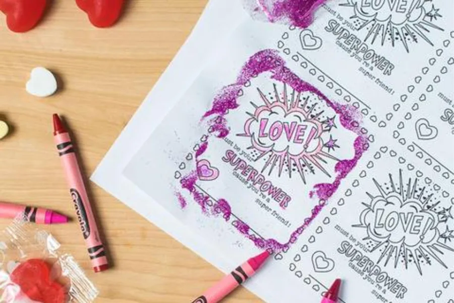 Free printable color-your-own Valentine's cards for kids: "Love is your superpower" from Free to Be Kids