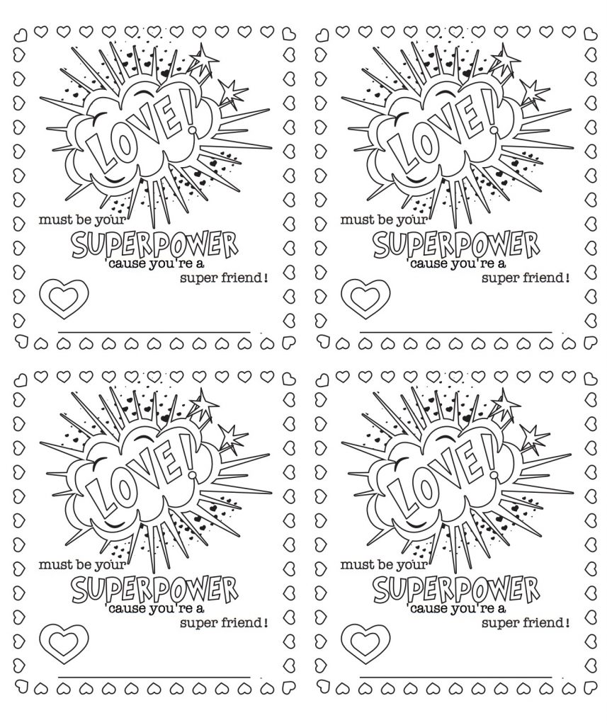 Free printable color-your-own "Love is a Superpower" Valentines from Free to be Kids