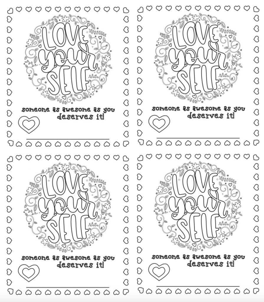 Love Yourself: Free printable, color-your-own valentines cards for kids from Free to Be Kids