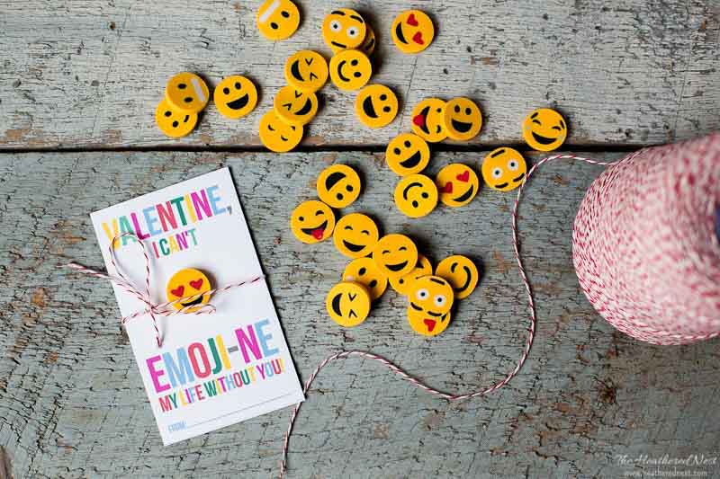 Non-candy Valentine ideas for kids with free printables: Emoji cards at Heathered Nest