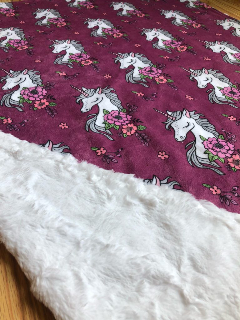 Handmade unicorn fabric minky baby blanket by Elegant Infant Co