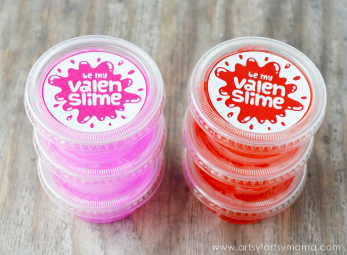 non-candy Valentine ideas for kids: free printable Valentine's Day slime labels from Artsy Fartsy Mama
