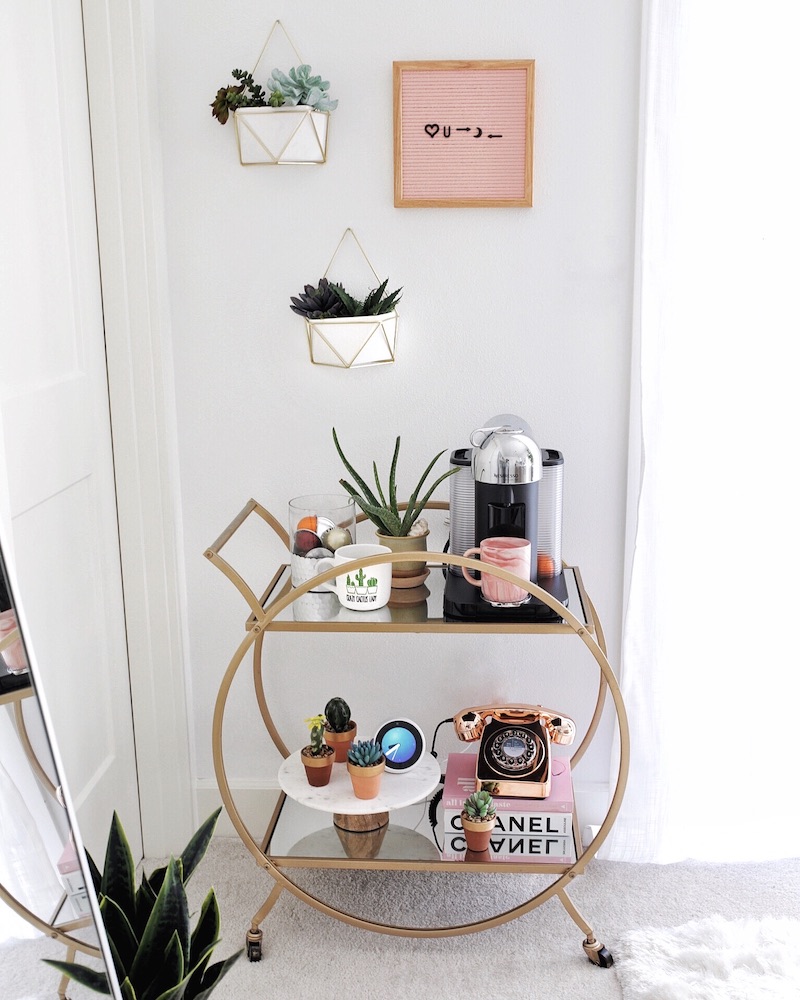 Cool coffee bar carts: Mid-century modern cart and how to style it, at Gypsy Tan