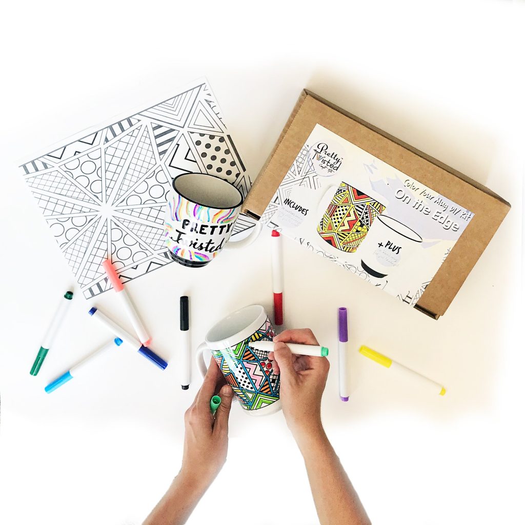 Color your own mug craft kits from Pretty Twisted have more sophisticated mandala and "adult coloring" graphic designs