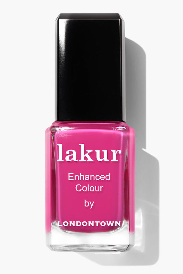 Our favorite long-wear nail polish: Lakur by Londontown here in the perfect hot pink