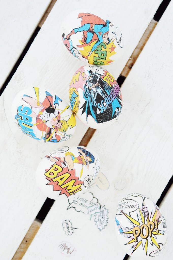 Easter egg ideas for tweens and teens: Decoupage style DIY comic book eggs from Mottes Blog