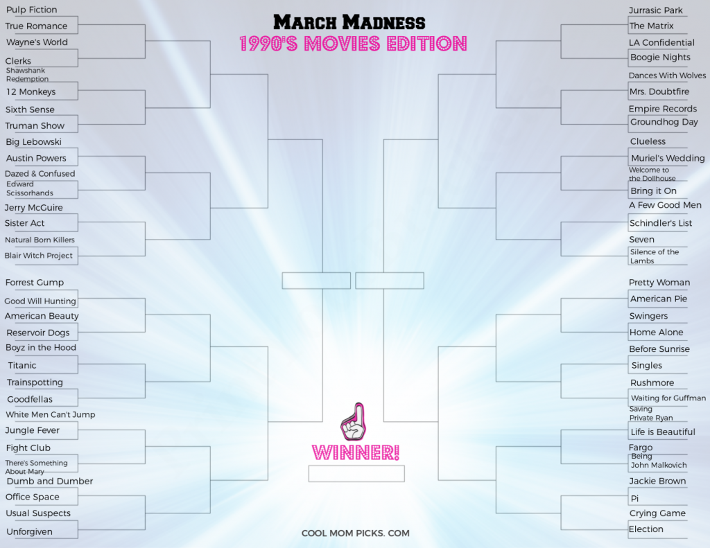 Free printable March Madness brackets: 1990s movies edition 