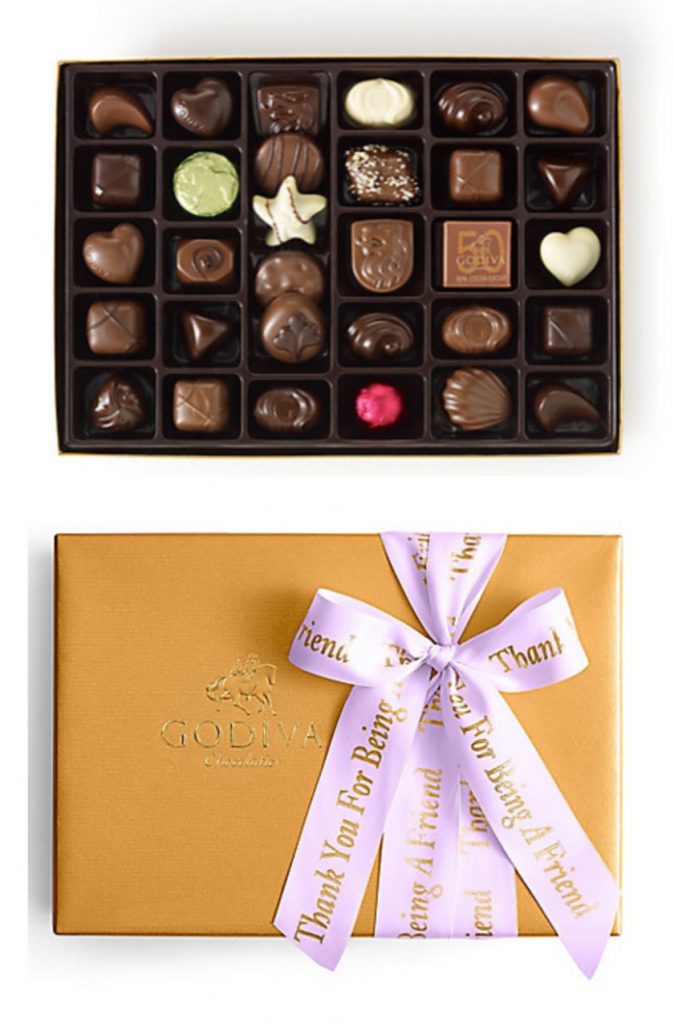 Personalized Mother's Day gifts for grandma: Chocolate box with custom ribbon from Godiva