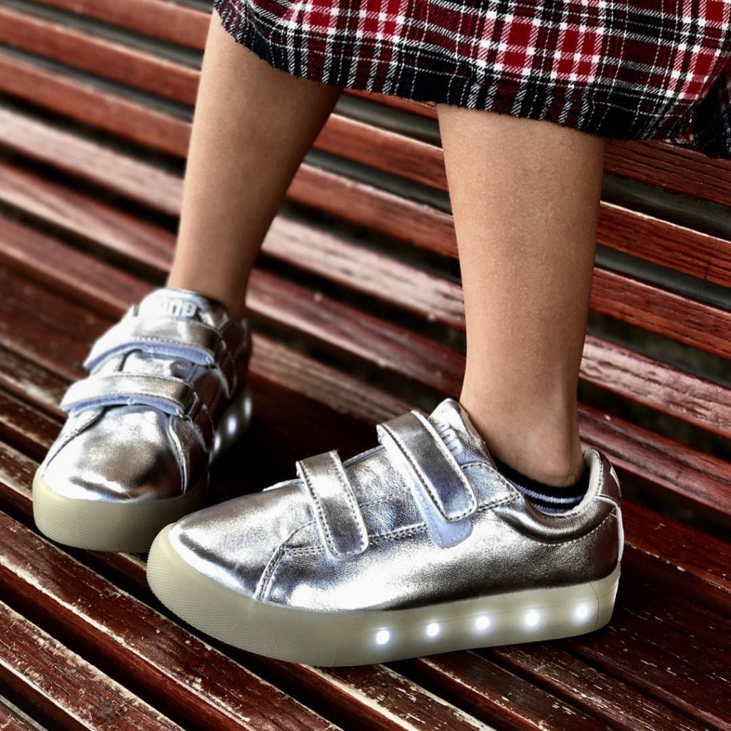 POP light-up sneakers for kids in metallic silver and gold, vegan uppers