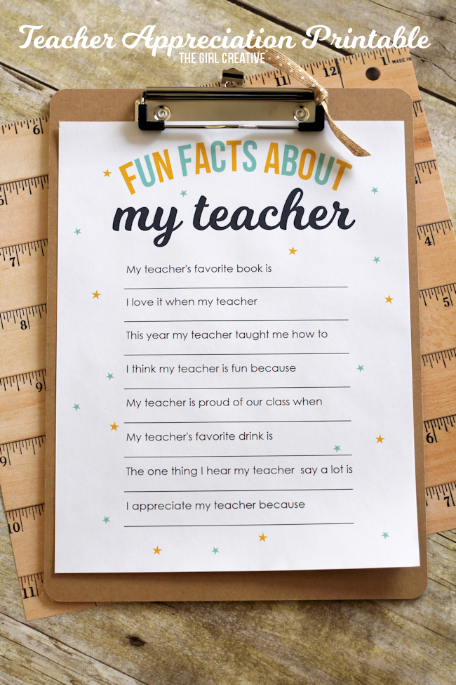 Printable teacher appreciation notes for kids: Fun facts teacher appreciation printable from The Girl Creative
