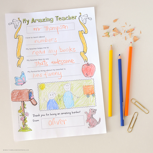 Printable teacher appreciation notes for kids: Free printable fill-in-the blank teacher appreciation card at Tumbleweed Press Co.