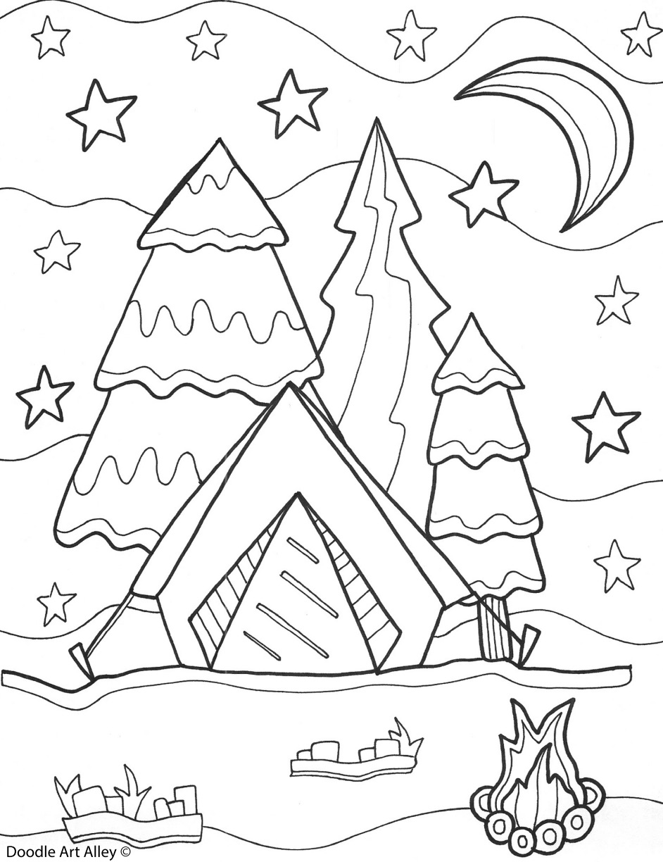 Printable coloring pages for summer: Camping summer coloring page printable | Doodle Art Alley