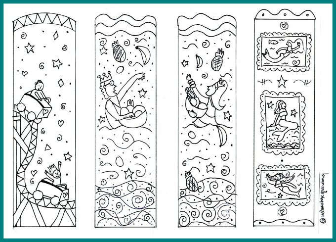Free printable color-your-own mermaid bookmarks from childrens book illustrator Melanie Hope Greenberg