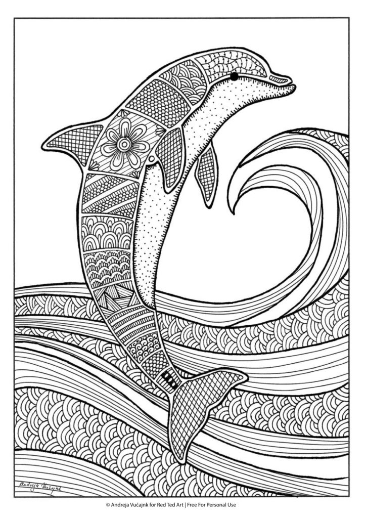 Free printable coloring page for summer: The beautiful dolphin from Red Ted Art
