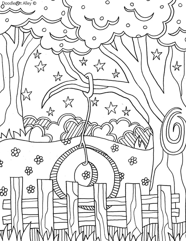 Free printable summer tire swing coloring page from Doodle Art Alley