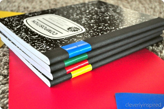 School supply organization: Use duck tape to identify notebooks at Cleverly Inspired