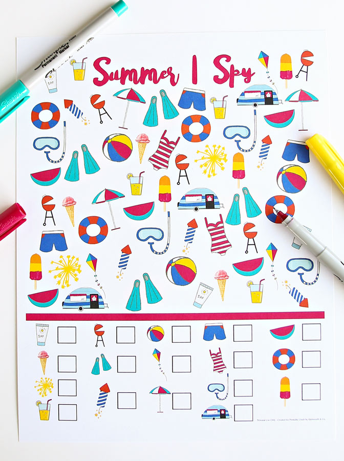 Summer "I Spy" free printable coloring page from Kleinworth Co