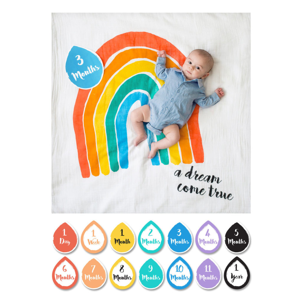 Best baby shower gifts under $30: Muslin rainbow milestone blankets| Cool Mom Picks baby shower gift guide 2019