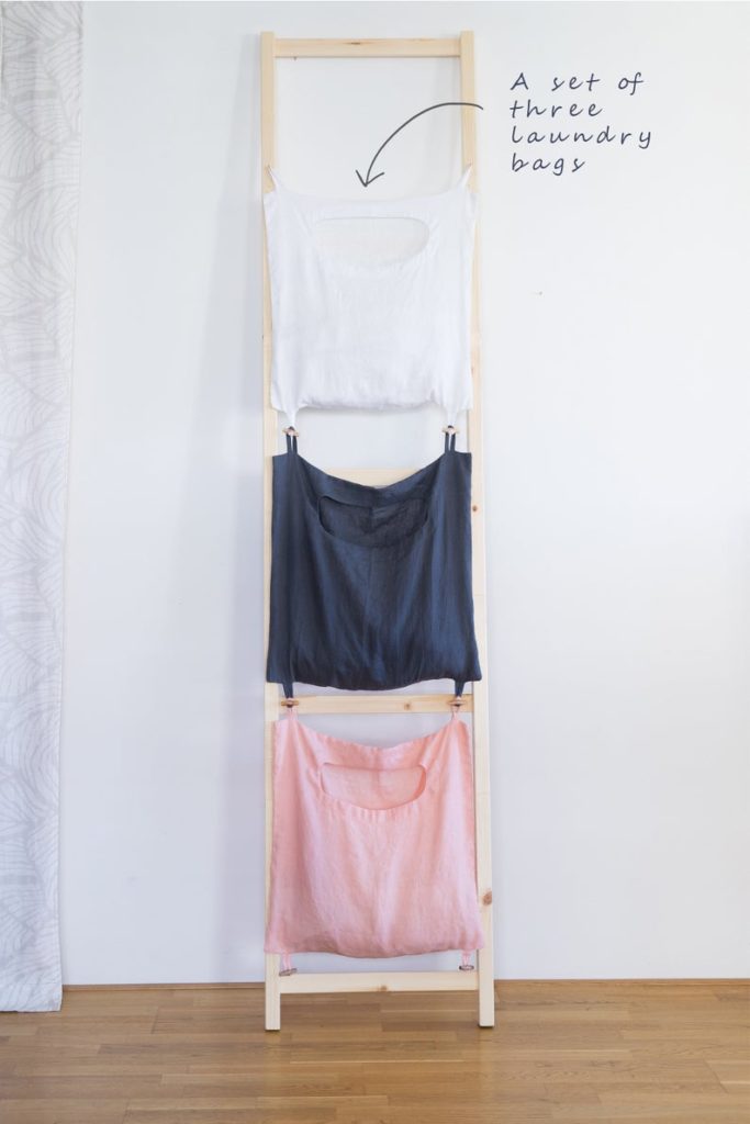 Decluttering small space solutions that get things off the floor: The stacked linen laundry bag set can be wall mounted
